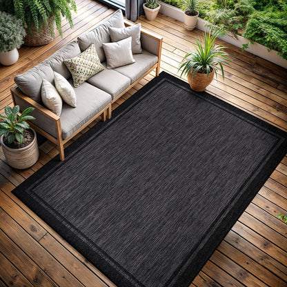 CAMILSON Indoor Outdoor Rug, 6x9 Bordered Dark Grey Black Modern Area Rugs for Indoor and Outdoor
