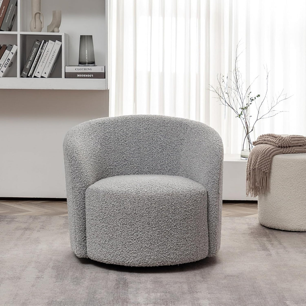 KINWELL 34" W Mid Century Modern Swivel Barrel Chair, Round Upholstered Boucle Swivel Accent