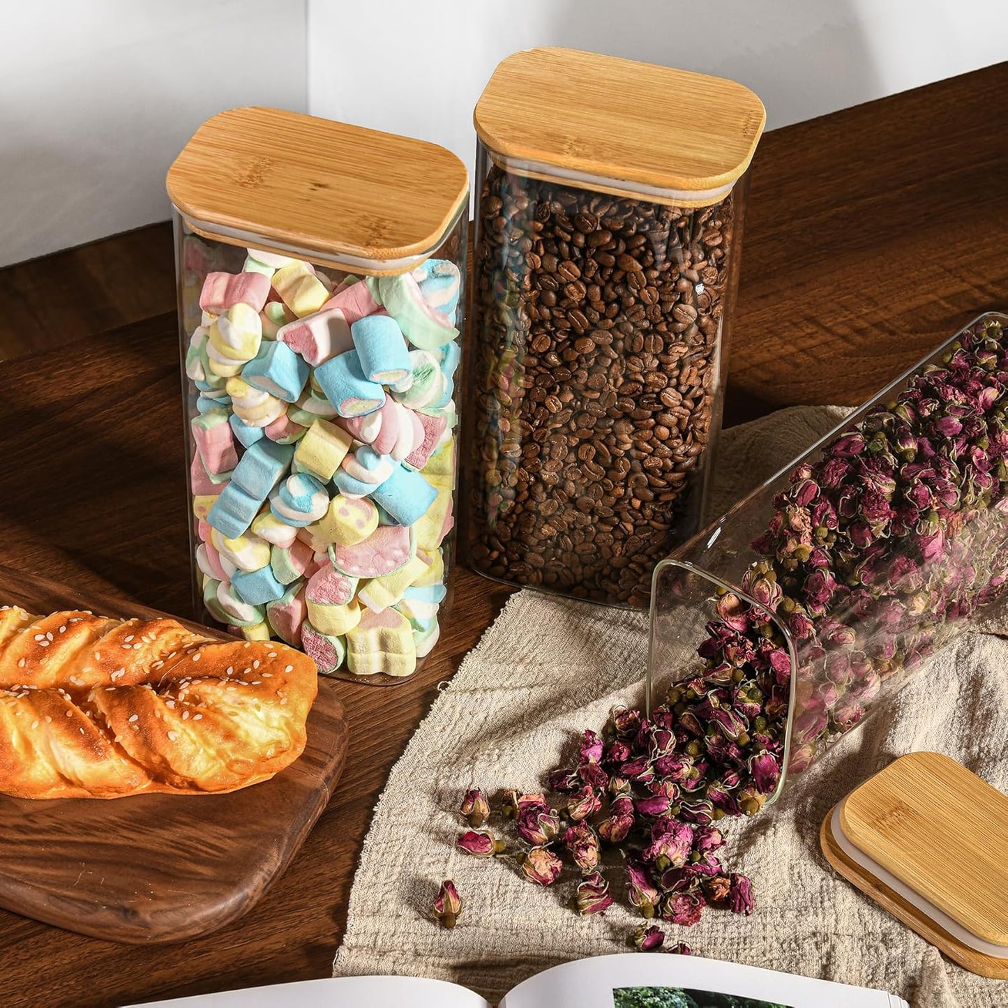 64oz Rectangle Airtight Glass Storage Containers with Bamboo Lids (Set of 4), Square Food Storage
