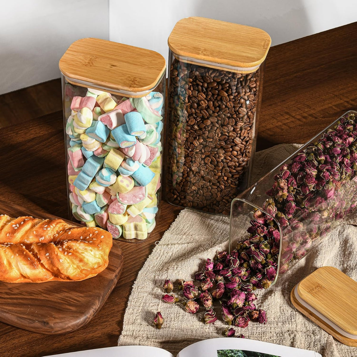 64oz Rectangle Airtight Glass Storage Containers with Bamboo Lids (Set of 3), Square Food Storage