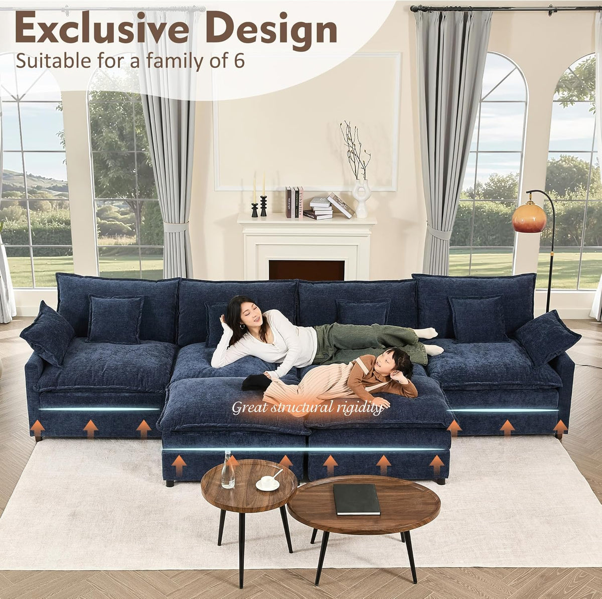 142.5" U Shaped Couch, Modular Sectional Sofa, 3-Seater Comfy Cloud Couch with Movable Ottoman