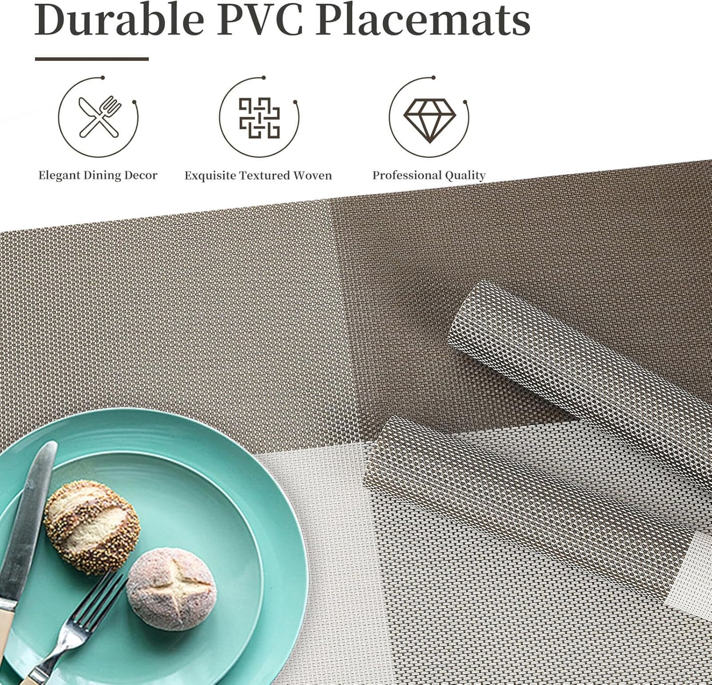 Vinyl Plastic Placemats Set of 6 Washable Heat Resistant Non-Slip Elegant Indoor Outdoor Kitchen