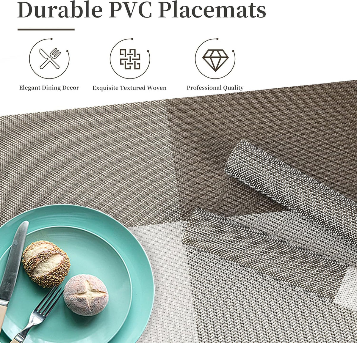 Vinyl Plastic Placemats Set of 6 Washable Heat Resistant Non-Slip Elegant Indoor Outdoor Kitchen