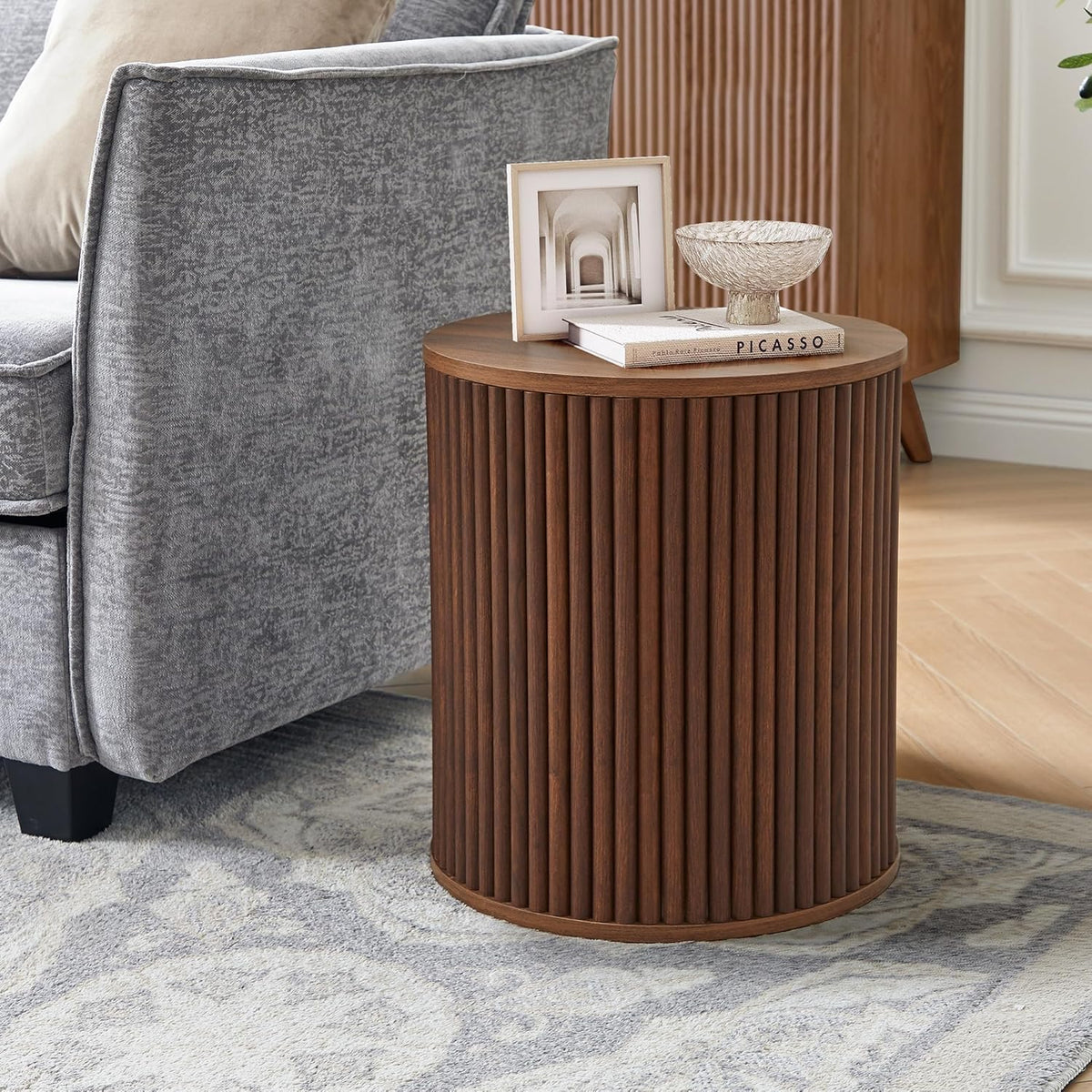 AVZEAR Fluted Round Side Table with Storage, Small Mid Century End Table Fluted Nightstands, Modern