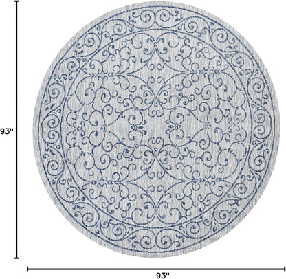 JONATHAN Y Vintage Filigree Indoor Outdoor Round Area Rug 8 Ft Gray/Navy, Charleston Textured Weave