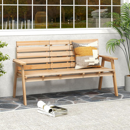 Tangkula Outdoor Fir Wood Bench with Foldable Middle Table, 2-3 Person Garden Bench with Backrest