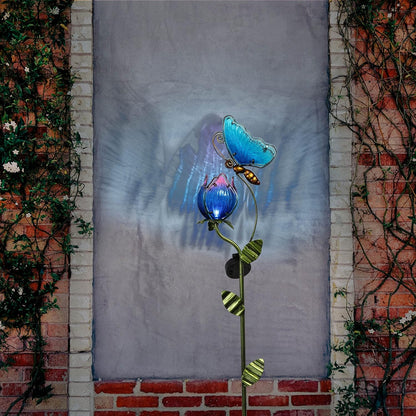 TERESA'S Collections Flower Yard Decorations Outdoor, 42'' Blue Glass Butterfly Solar Outdoor