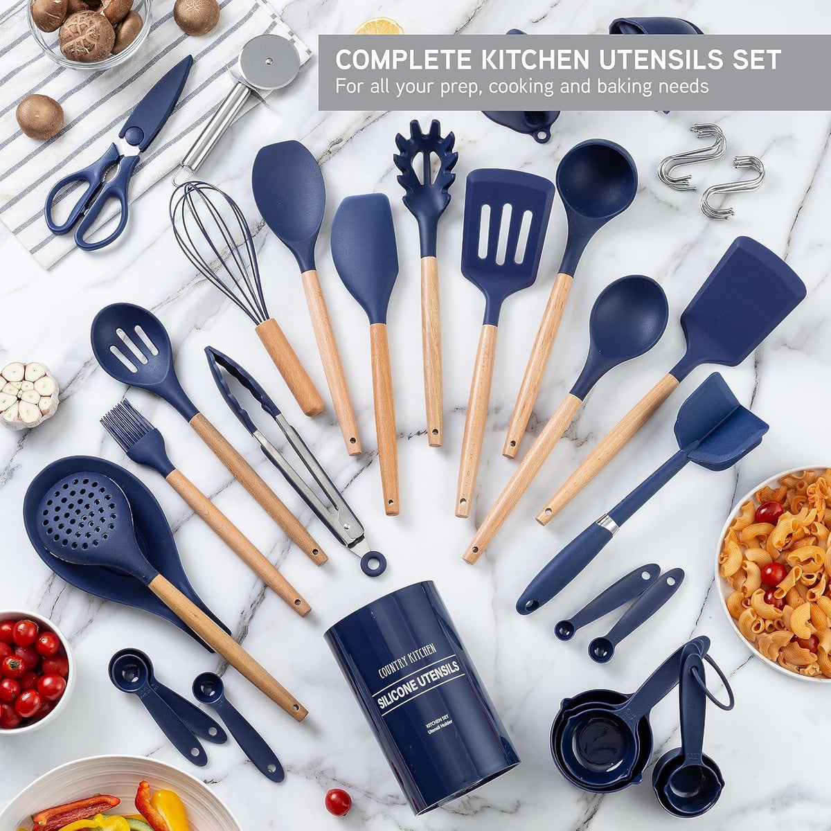 Country Kitchen Non Stick Silicone Utensil Set with Rounded Wood Handles for Cooking and Baking, 38
