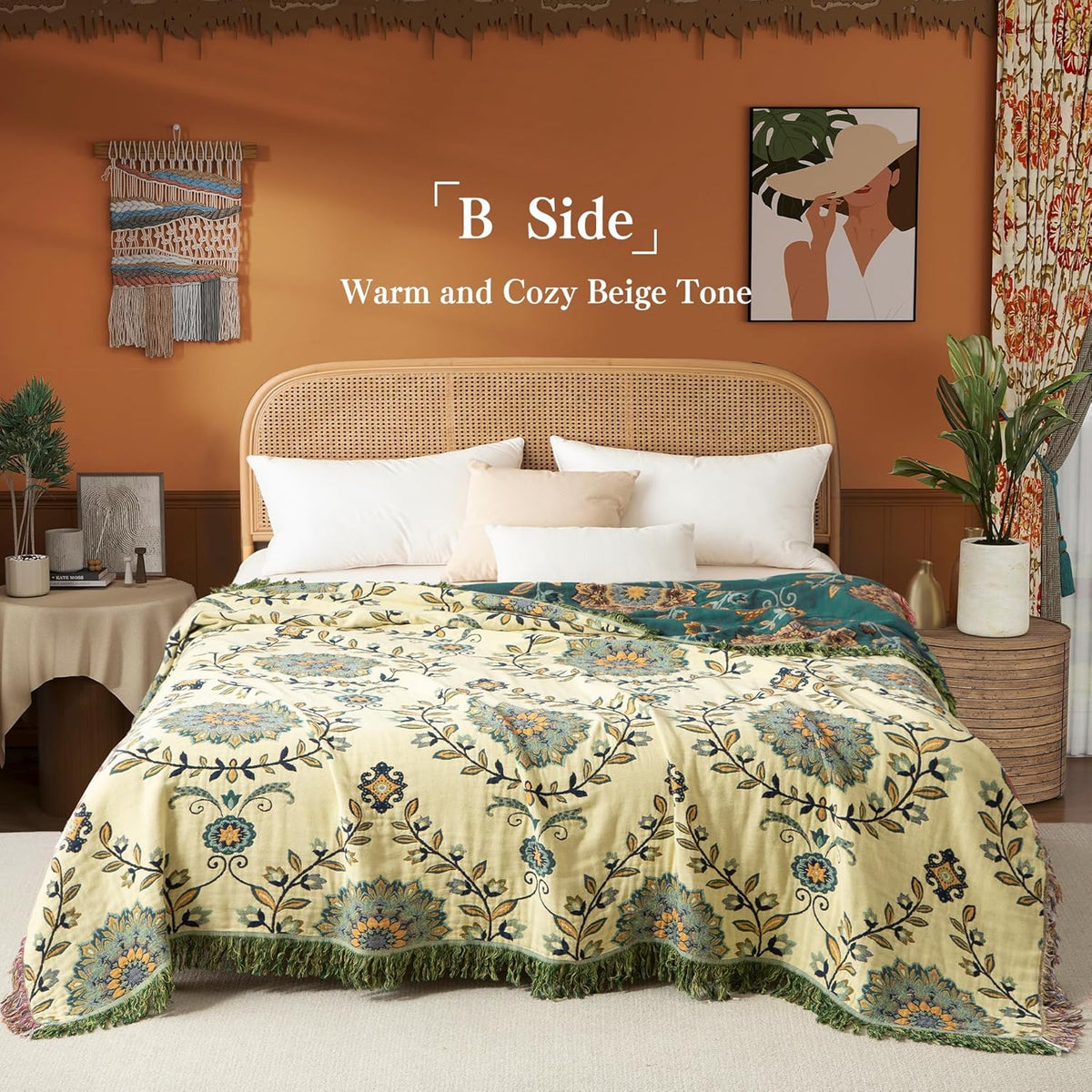 Boho Throw Blanket Twin Size, Soft Cozy Cotton Muslin Quilt Blanket for Bed Decor, Floral Patterned