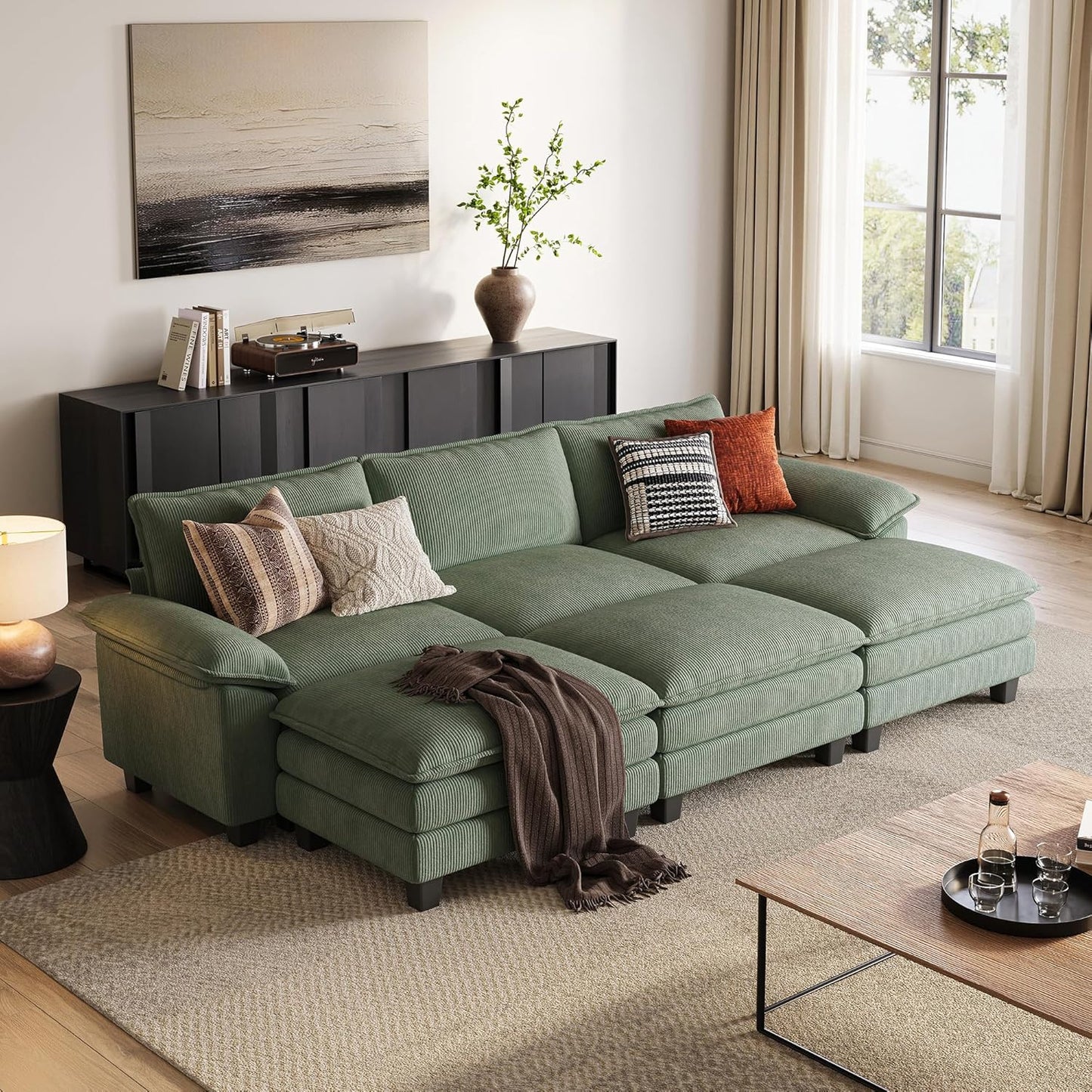 LINSY HOME Sectional Sleeper Sofa - 123'' Modular Cloud Couch Oversized Corduroy Sofa Bed with
