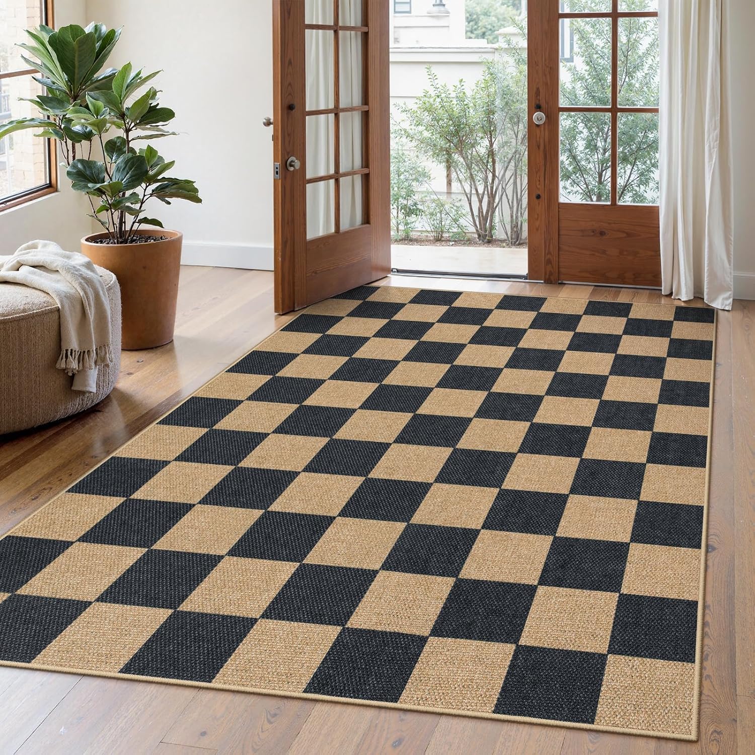 Lahome Checkered Easy Jute Area Rug, 5x7 Outdoor Patio Rug Washable Carpet for Living Room