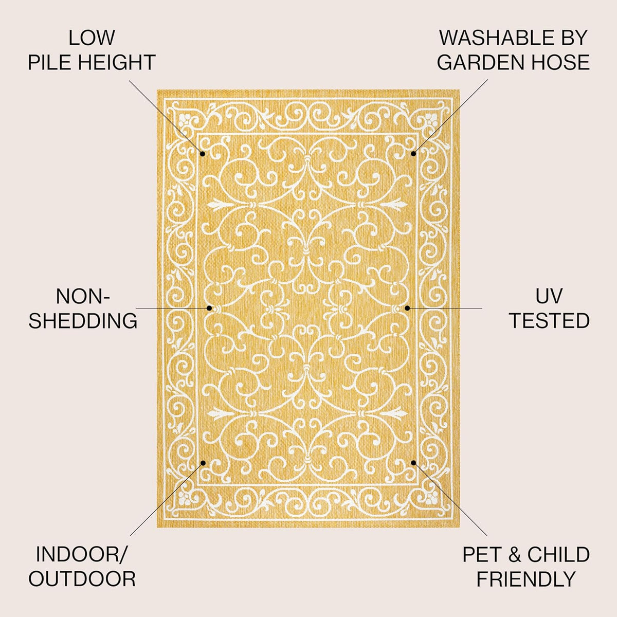 JONATHAN Y Vintage Filigree Indoor Outdoor Area Rug 9X12 Yellow/Cream, Charleston Textured Weave