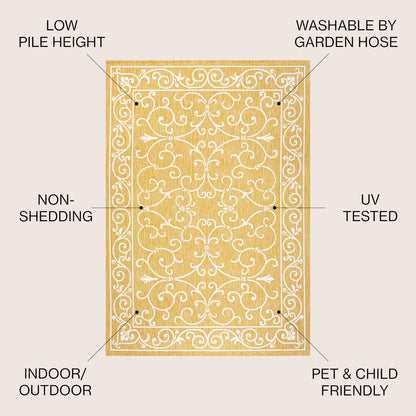 JONATHAN Y Vintage Filigree Indoor Outdoor Area Rug 4X6 Yellow/Cream, Charleston Textured Weave for