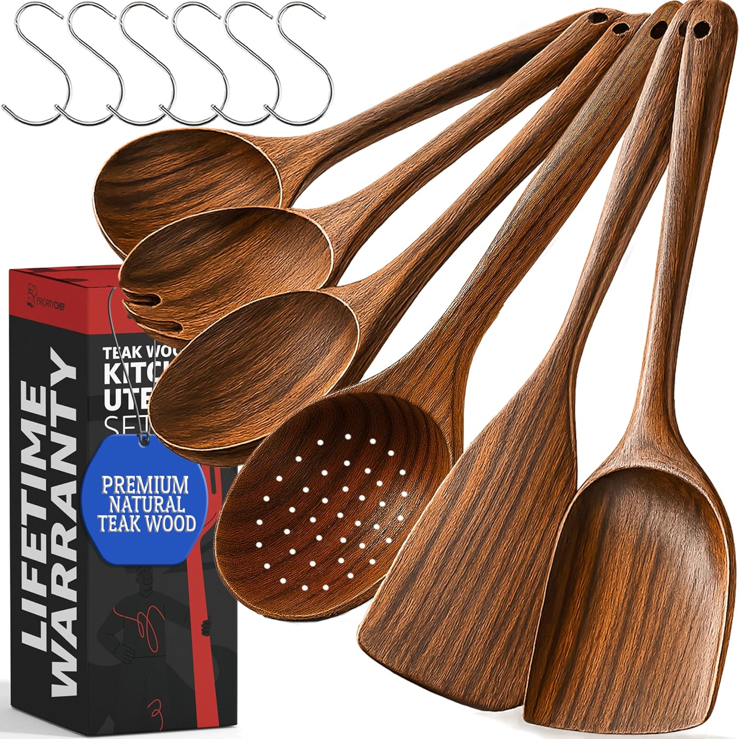 PriorityChef Premium Wooden Spoons for Cooking - 6pc Smooth Finish Teak Wooden Utensil Set with