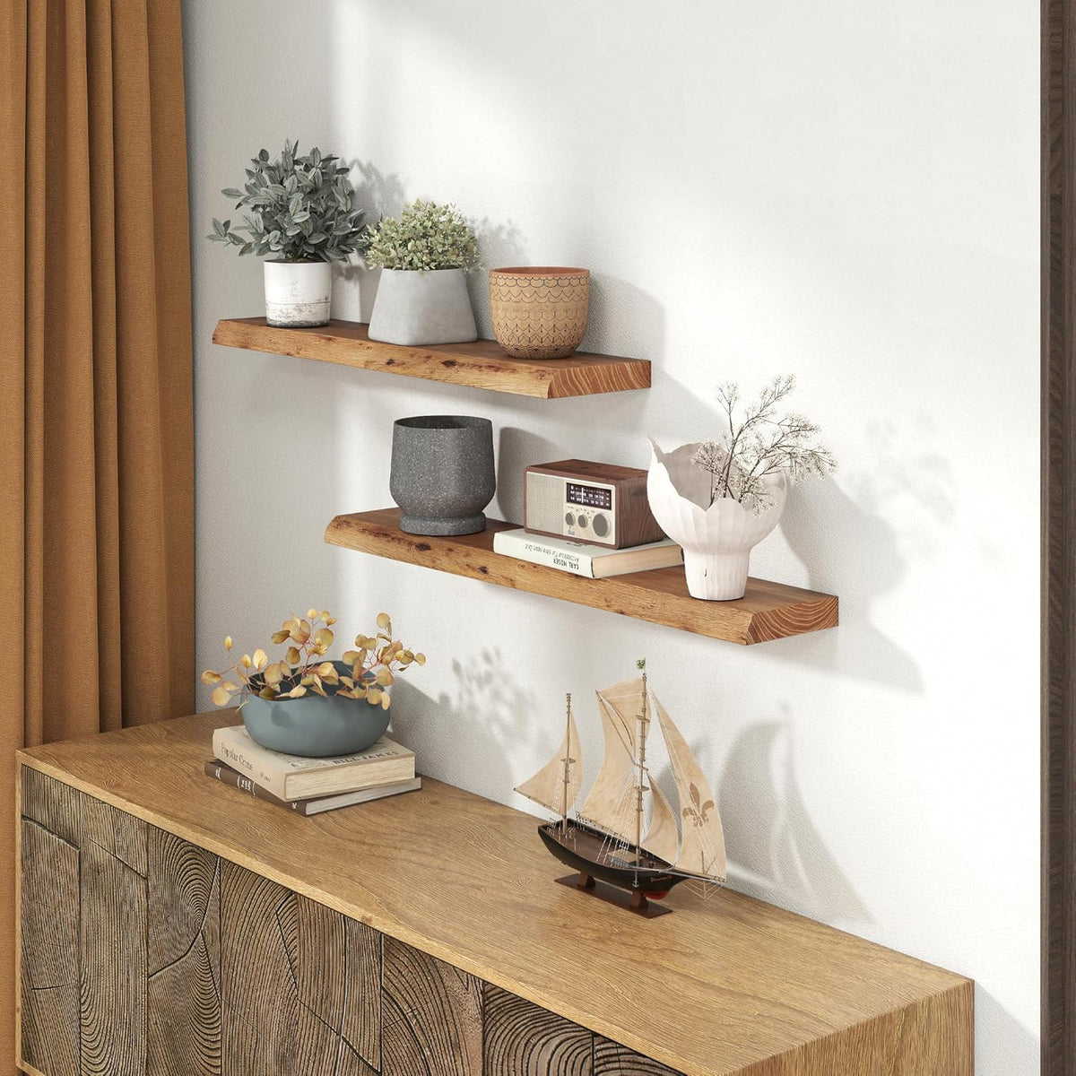 Solid Elm Wood Floating Shelves, 36 Inch Wood Floating Shelves for Wall, Live Edge Wooden Shelves