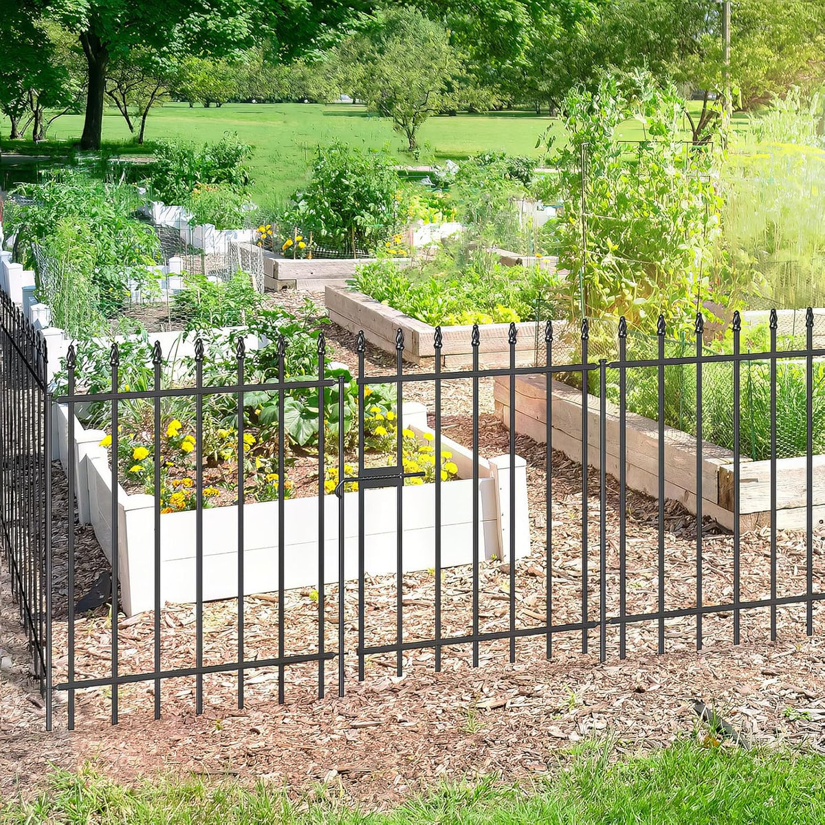 Metal Garden Fence with Gate 30 in H x 10 ft L, 1 Gate + 4 Panels Border Fence Panels Animal