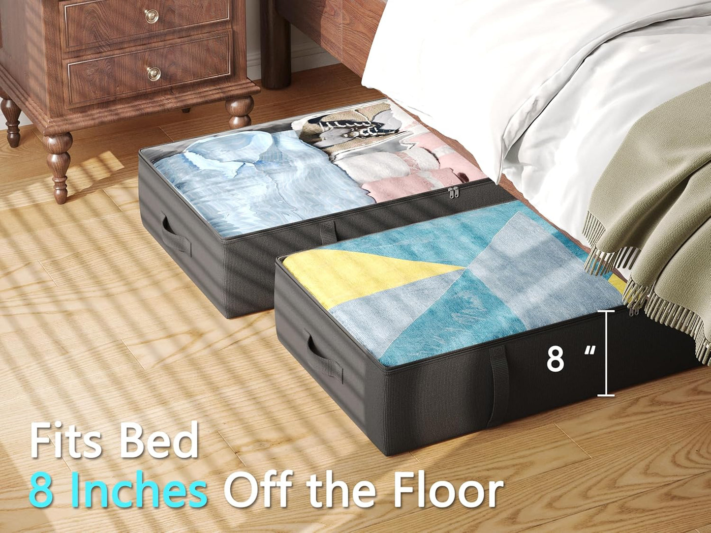 2-Pack Under Bed Storage Containers, 8 Inches Tall Underbed Clothes Storage Organizer Bin with