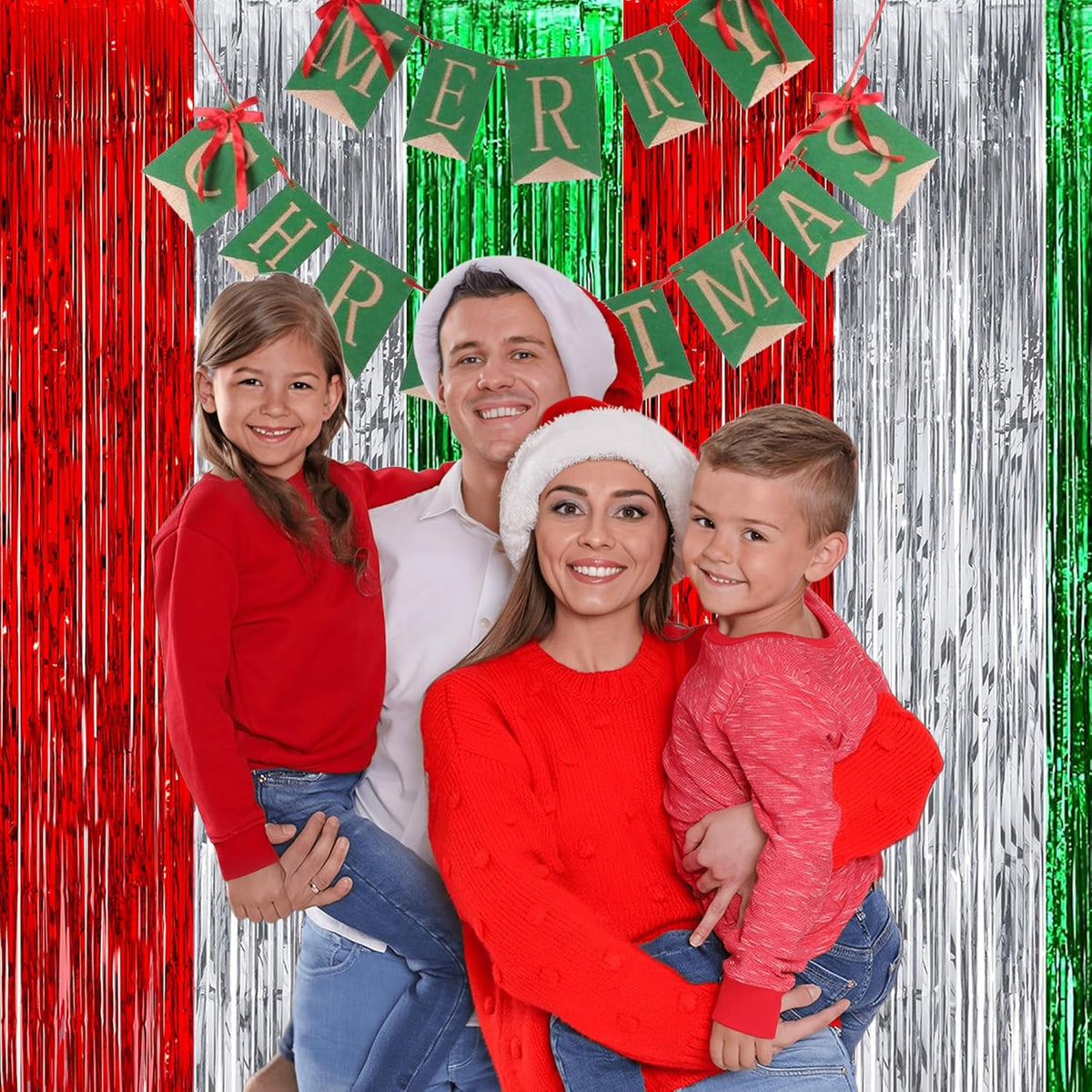 Red Silver Green Party Streamers - GREATRIL Christmas Tinsel Backdrop for Xmas Winter Italian Elf