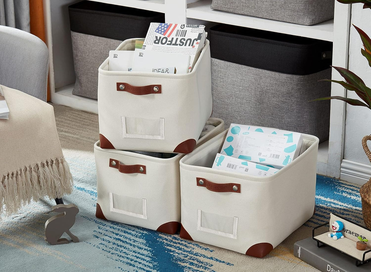 DECOMOMO White Storage Bins Fabric Storage Baskets for Shelves & Linen Closet Organization (Creamy