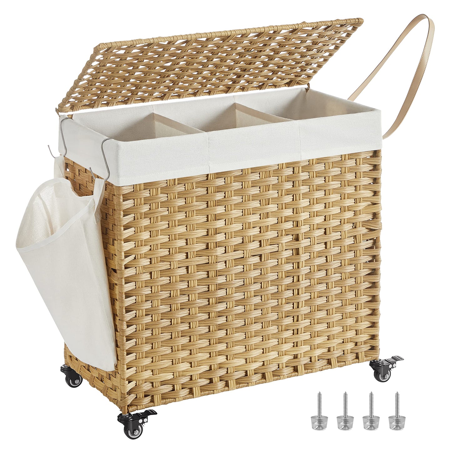 SONGMICS Laundry Hamper with Lid, 37 Gallons (140 L), Rolling Laundry Basket with Wheels, 3-Section