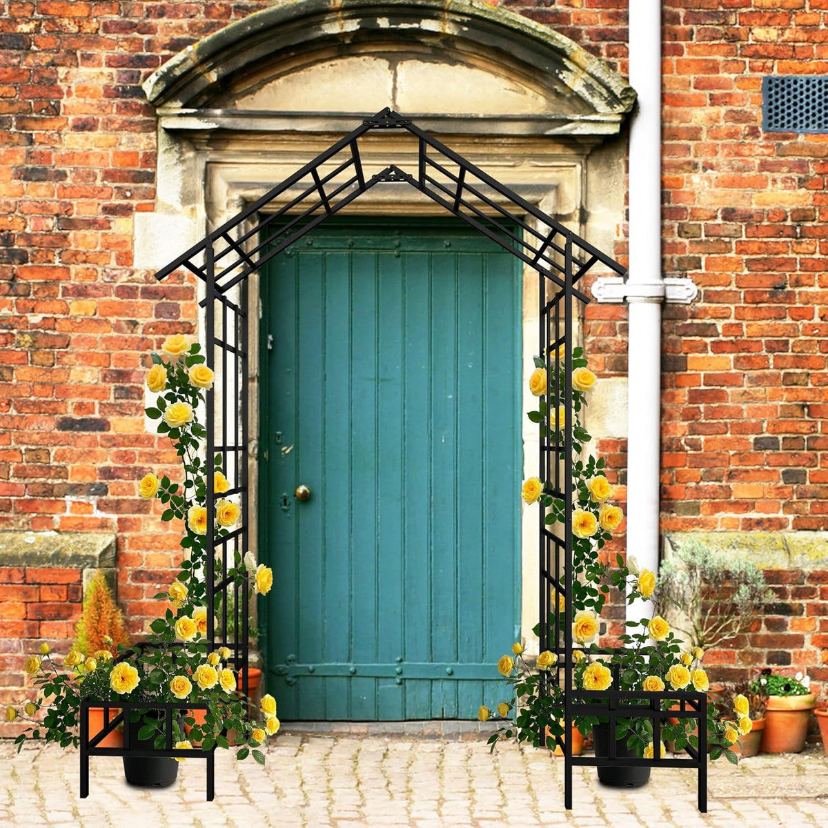 Metal Garden Arch with Plant Box Adjustable Width W68.11'' ~W94.29'' Garden Trellis Climbing Plants