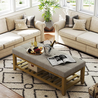 Large Rectangular Upholstered Ottoman Bench, Linen Tufted Footrest Ottoman with Solid Wood Shelf