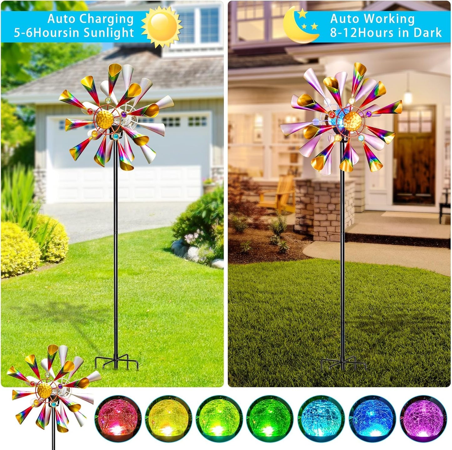 54'' Wind Spinners Outdoor Solar Garden Decor Light - Unique Metal Stake Colorful Windmill, Durable