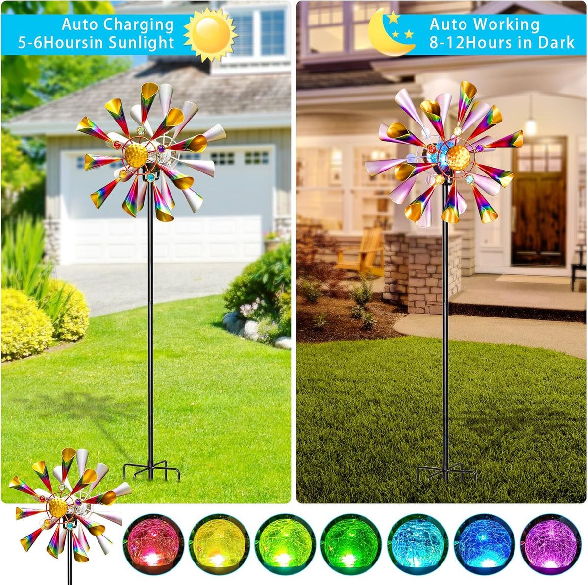 54'' Wind Spinners Outdoor Solar Garden Decor Light - Unique Metal Stake Colorful Windmill, Durable
