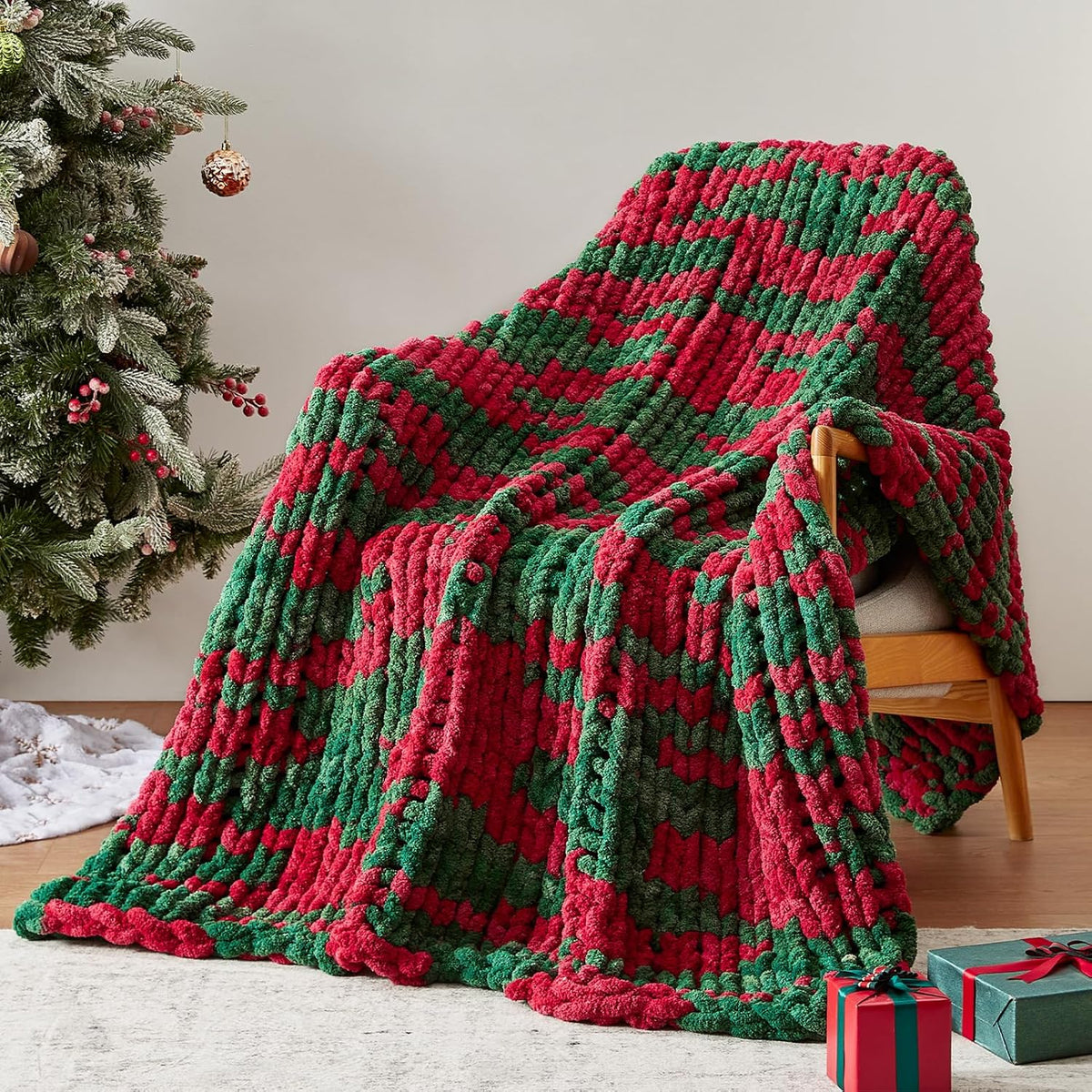 Chunky Knit Throw Blanket, 50''*60'' Knitted Throw Chenille Yarn for Bed Couch, Handmade Stripe