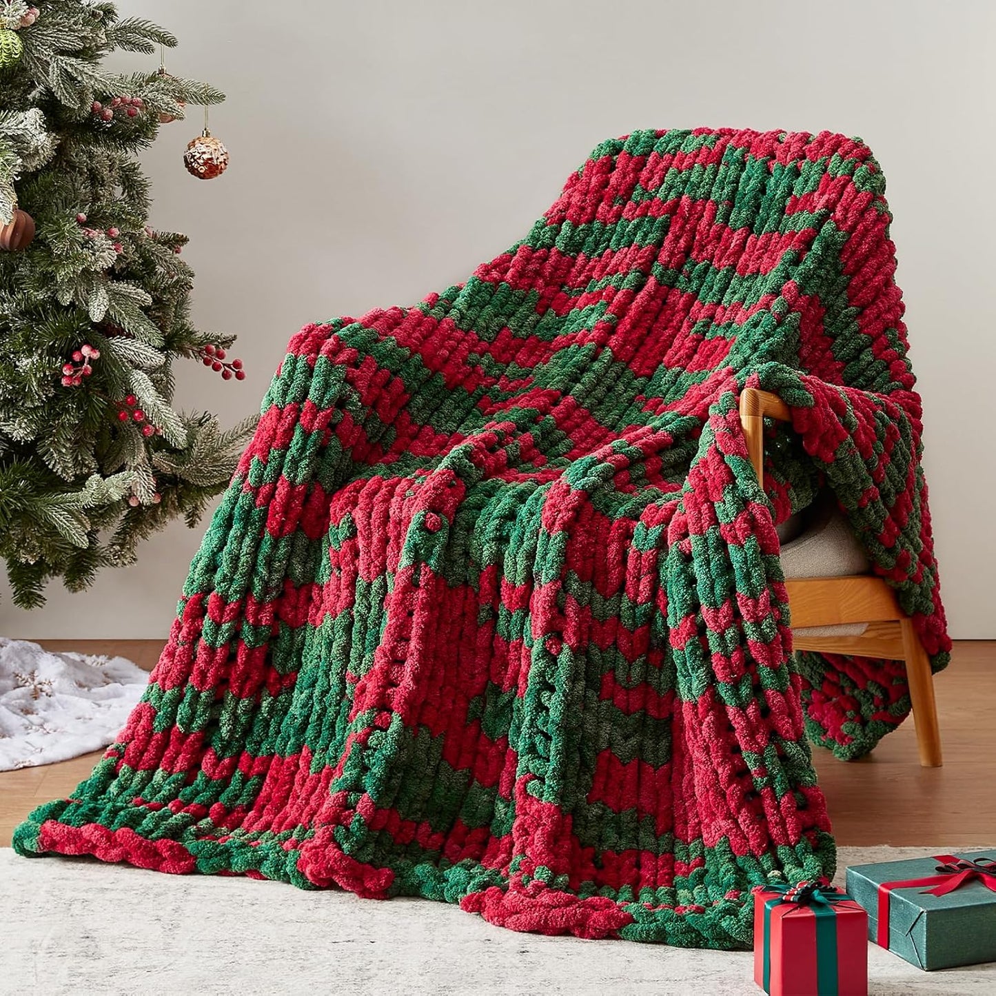 Chunky Knit Throw Blanket, 60''*80'' Knitted Throw Chenille Yarn for Bed Couch, Handmade Stripe