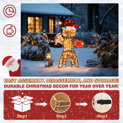 5FT Gingerbread Man with Candy Cane and Gift Box Decoration, 2.5D Pre-Lit Gingerbread Man Decor