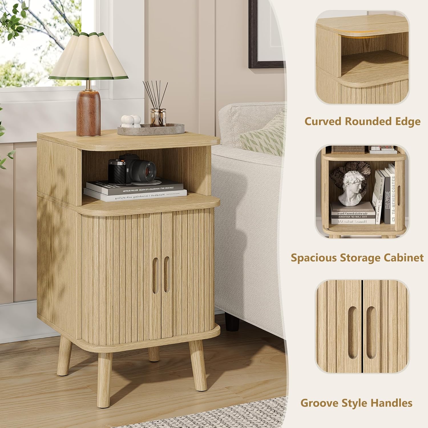 Alohappy Mid Century Modern End Table, Fluted Wood Nightstand with Sliding Tambour Door, Curved