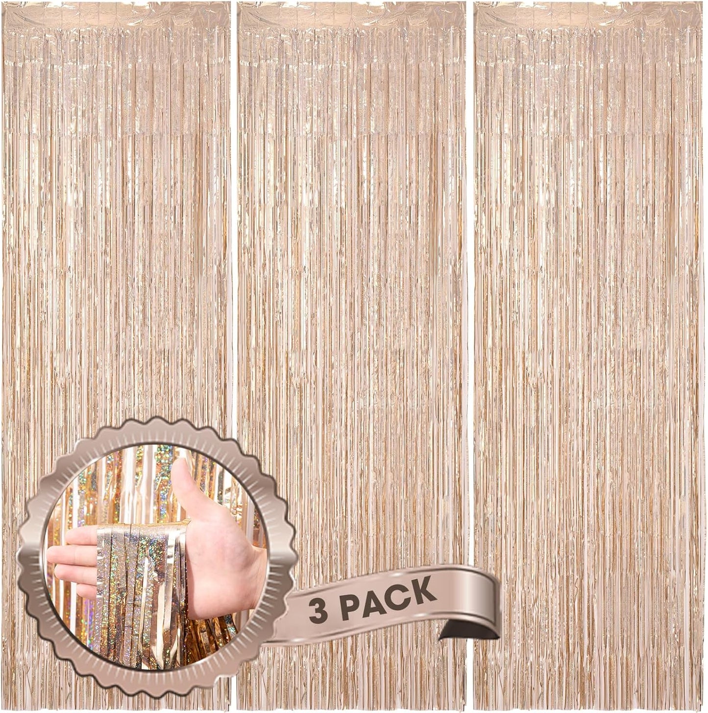3 Pack 3.3 x 8.2 ft Laser Champagne Foil Fringe Backdrop Curtains, Tinsel Streamers Birthday Party