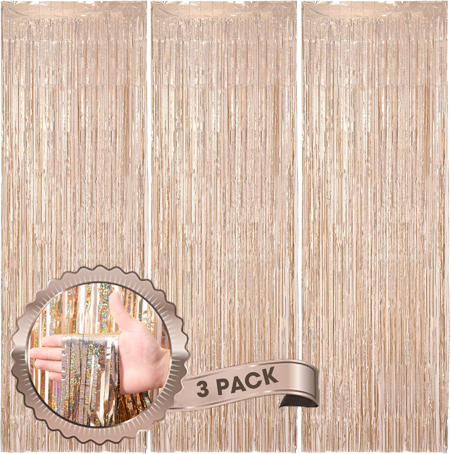 3 Pack 3.3 x 8.2 ft Laser Champagne Foil Fringe Backdrop Curtains, Tinsel Streamers Birthday Party