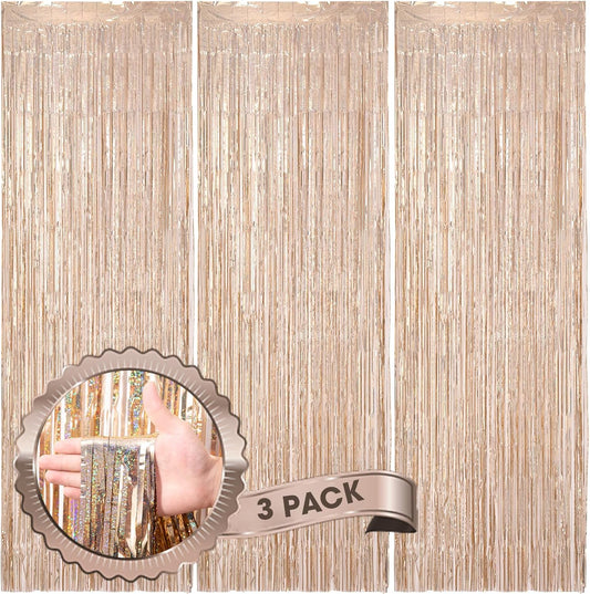 3 Pack 3.3 x 8.2 ft Laser Champagne Foil Fringe Backdrop Curtains, Tinsel Streamers Birthday Party