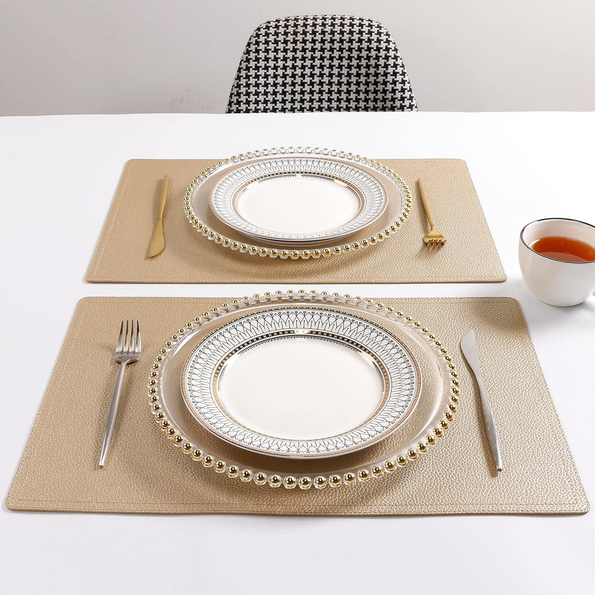 Faux Leather Gold Placemats, PU Table Mats, Set of 4, Waterproof, Heat Resistant, Non-Slip, Easy to