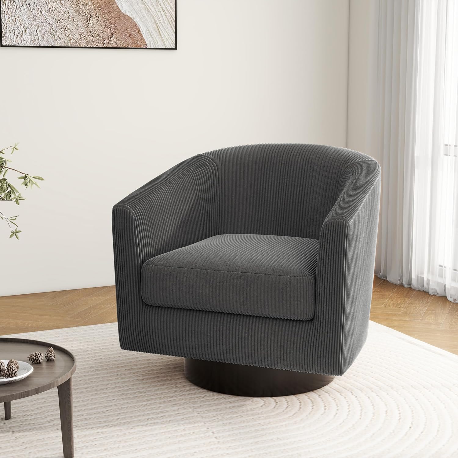 Swivel Barrel Accent Chair, Modern Round Corduroy Fabric Arm Chair for Living Room, Bedroom, Comfy