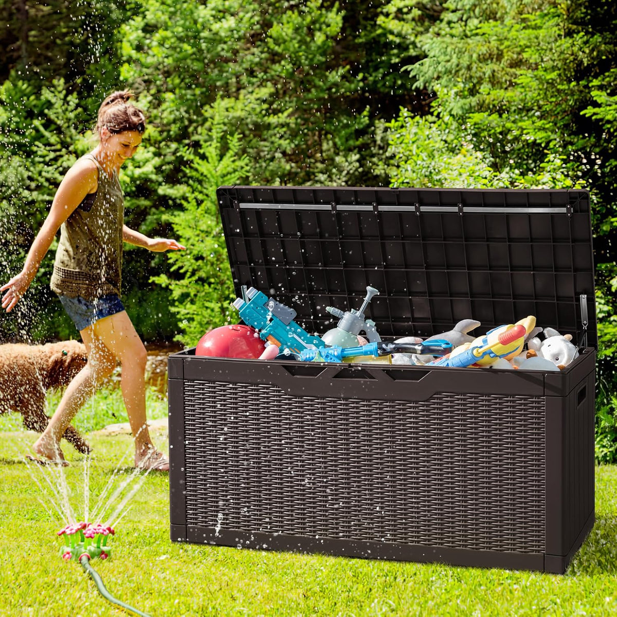 Greesum 100 Gallon Resin Deck Box Large Outdoor Storage with Cushions for Patio Furniture, Garden