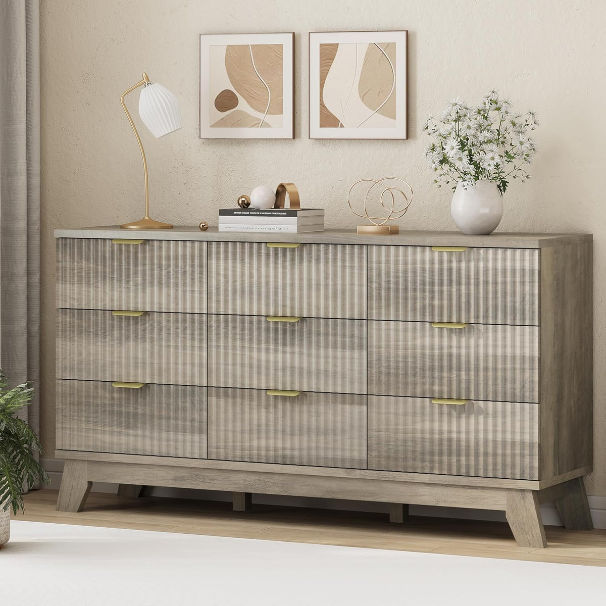 Fluted Dresser for Bedroom with 9 Drawers, 57" Wide Modern Chest of Drawers with Metal Handle