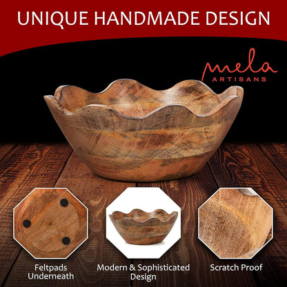 Mela Artisans Wooden Scalloped Bowl - Medium | Ruffle Decorative Style | Rustic Kitchen Decor |