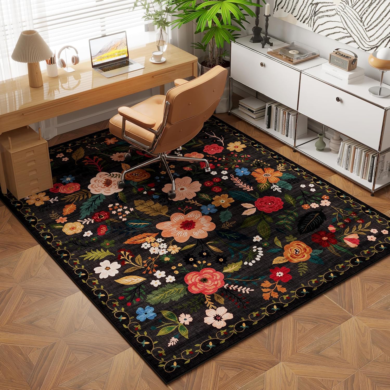 Area Rug 4x6 Rug Washable Boho Rugs Non Slip Low Pile Floral Small Carpet for Bedroom, Bedside
