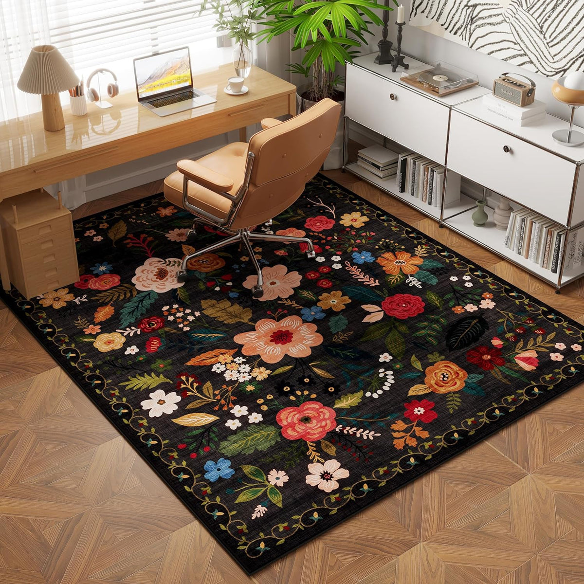 Bedroom Rug 3x5 Rug Washable Area Rug Non Slip Low Pile Boho Floral Small Carpet for Bedroom