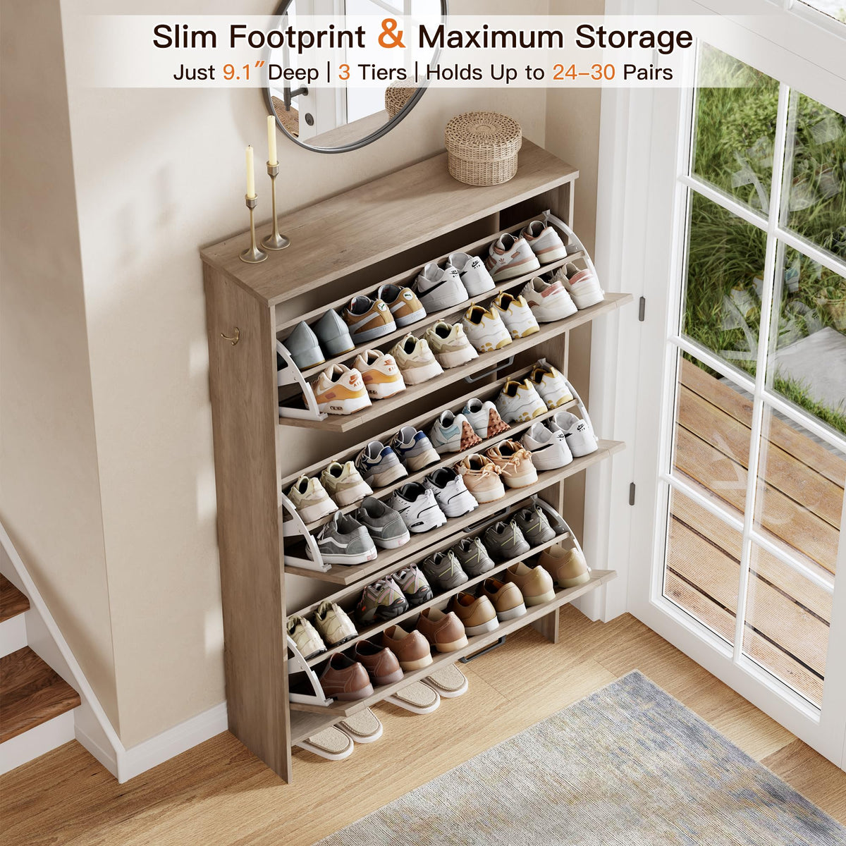 Nicetree Shoe Cabinet for Entryway, 3 Flip Drawers Shoe Storage Cabinet with 3-Tier Adjustable