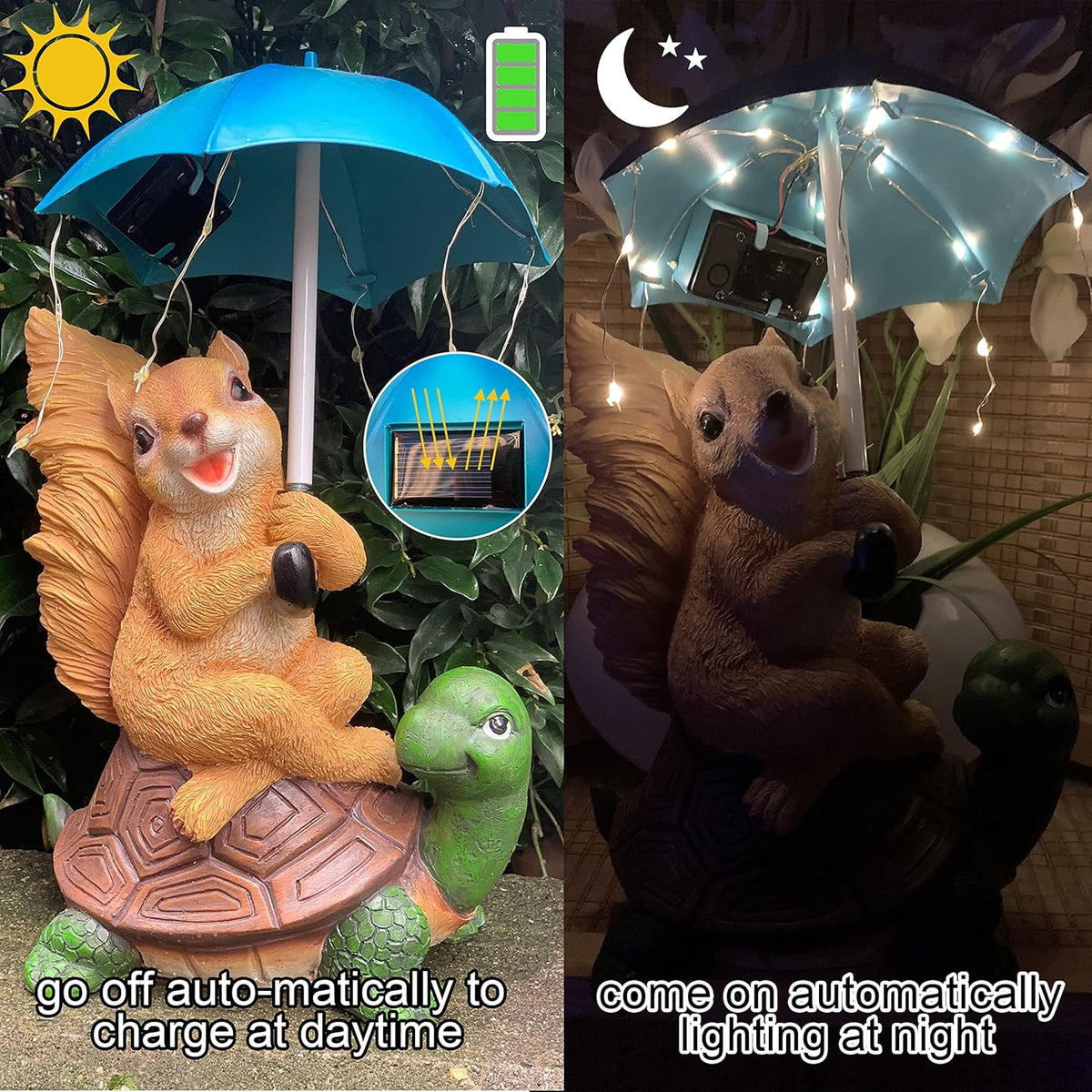 Malister Solar Garden Statue Outdoor Decor - Squirrel Siting on Turtle Statue with String Lights