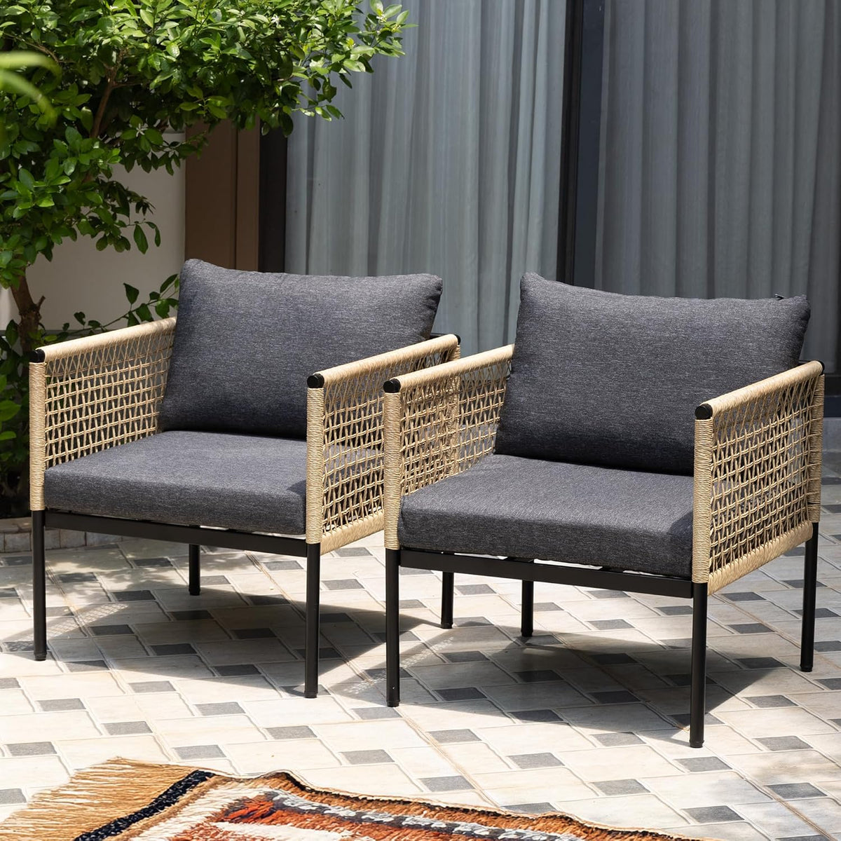 Idzo Oscar Wicker Outdoor Lounge Chair Set of 2, Sturdy Metal Frame, Weather-Resistant Rope Weave
