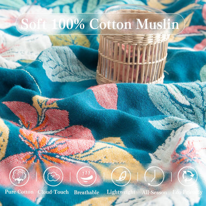 Boho Throw Blanket Full Size, Extra Large Soft Cozy Cotton Muslin Quilt Blanket for Bed Decor