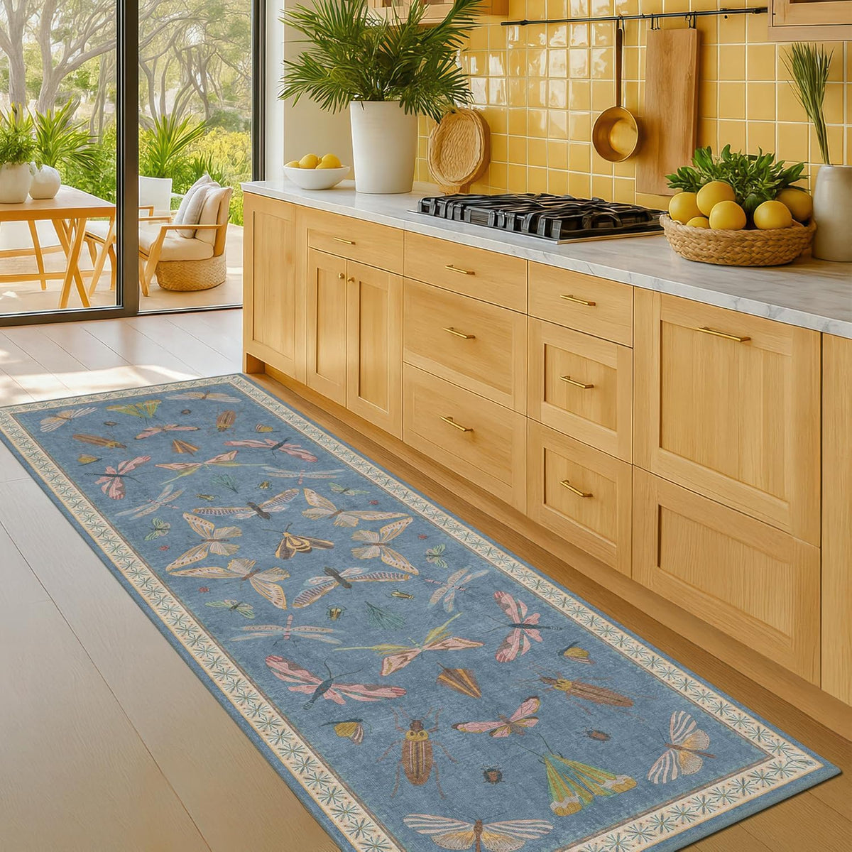 Boho Non Slip Kitchen Rug Runner - 2x6 Blue Washable Rug for Bathroom, Laundry Room, Hallway, Non
