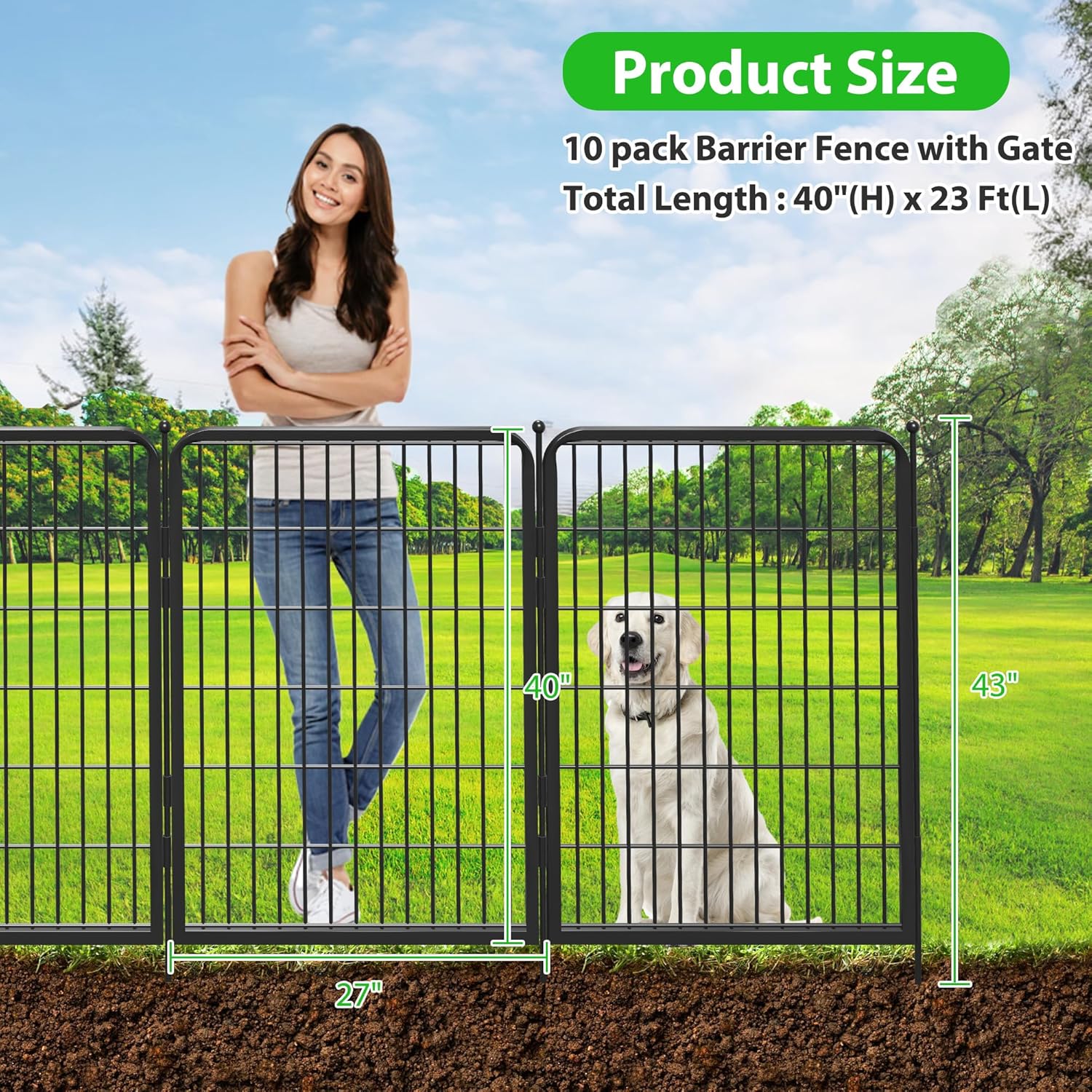 Decorative Black Metal Fencing Garden Fence with Gate, 23ft(L) 40in(H) 10 Fence Panels No Dig Fence