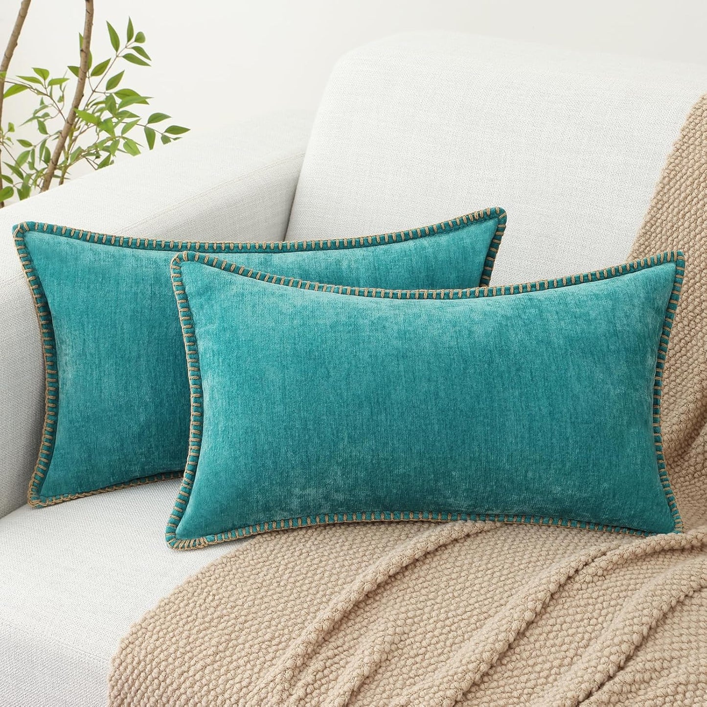 decorUhome Chenille Soft Throw Pillow Covers 12x20 Set of 2, Lumbar Velvet Farmhouse Neutral