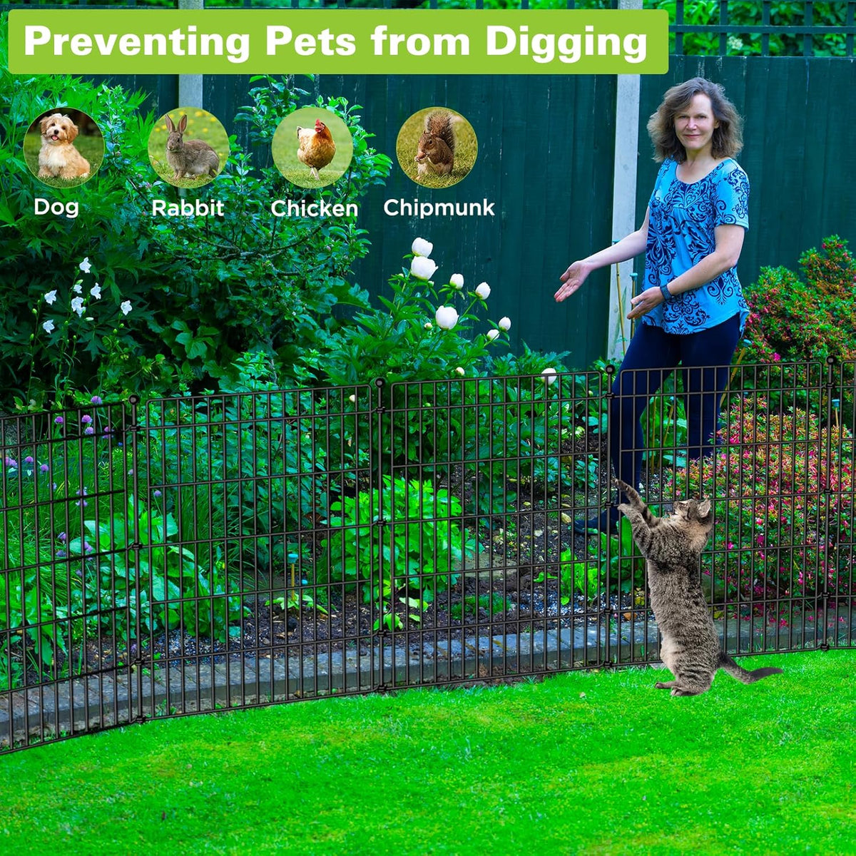 8 Panels No Dig Garden Fence with Gate, 48in(H) × 21ft(L) Decorative Metal Outdoor Dog Fence